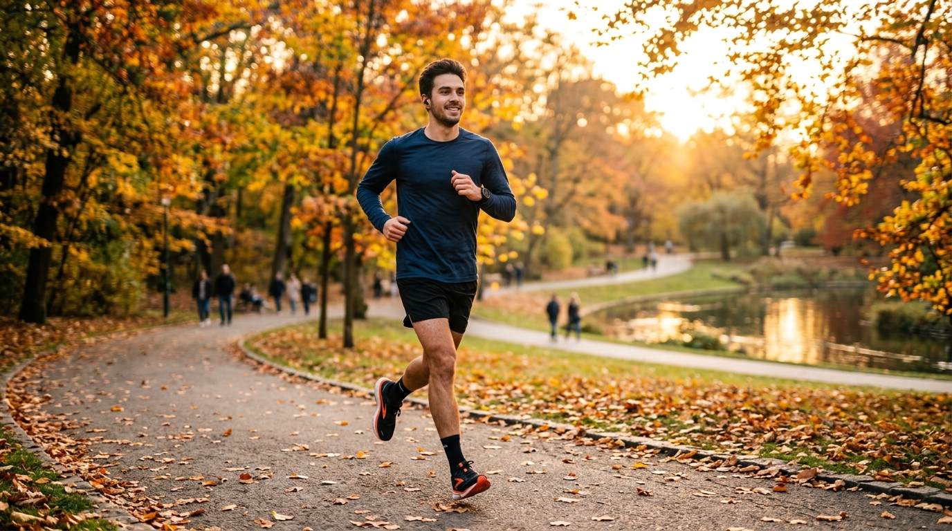Jogger im Park bei goldener Stunde