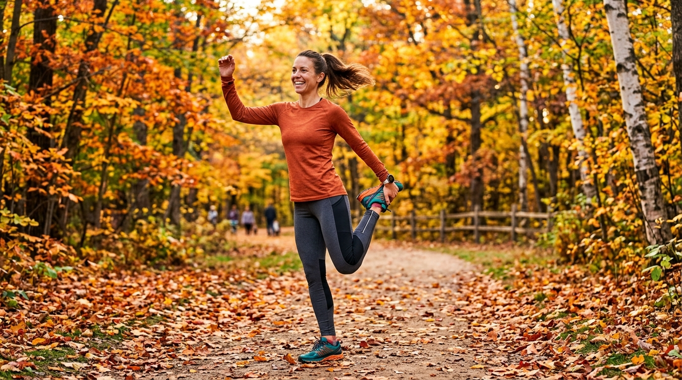 Frau macht Aufwärmübungen vor dem Laufen im Herbstpark